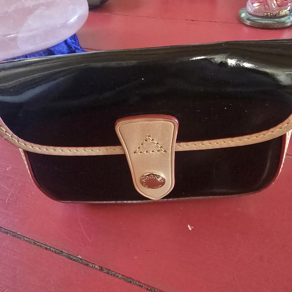 Dooney And Burke Black Patent Leather With Vacetta Leather Trim Wristlett